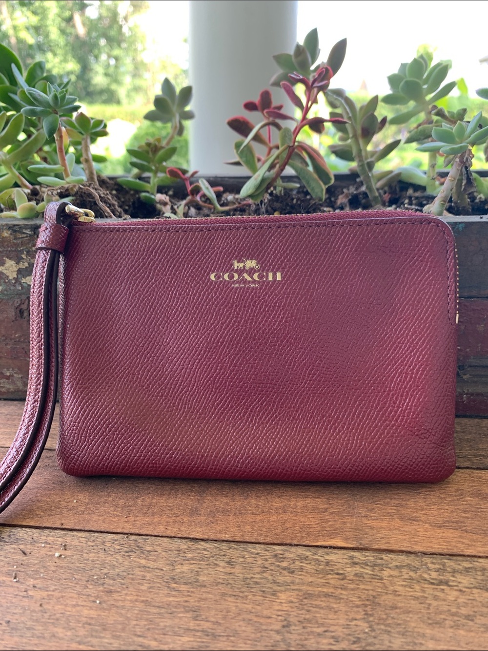 COACH Wine Red Pebbled Leather Wristlet